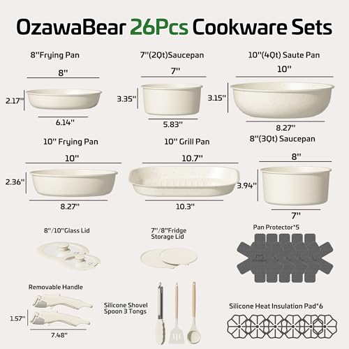 26 Pcs Pots and Pans Set Non Stick (Cream White / 26Pcs)