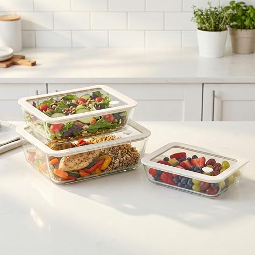 Glass Food Container Set with Silicone Glass Lid (White Sand-RT)