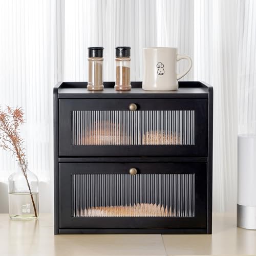 Bread Box for Kitchen Countertop Wooden Bread Storage Container Bin 2 Layer Breadbox Holder Large Capacity Keeper Vintage Farmhouse Food Organizer Pantry Shelf Acrylic Window（Black） (Black)