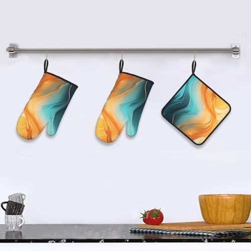 Orange Teal Marble Oven Mitts and Pot Holders Sets of 3 (Orange Teal)