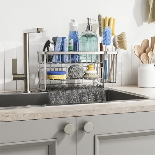 Silver 2 Tier Kitchen Sink Caddy Organzier Rack with Flexible Dish Brush Holder (Silver / Medium)