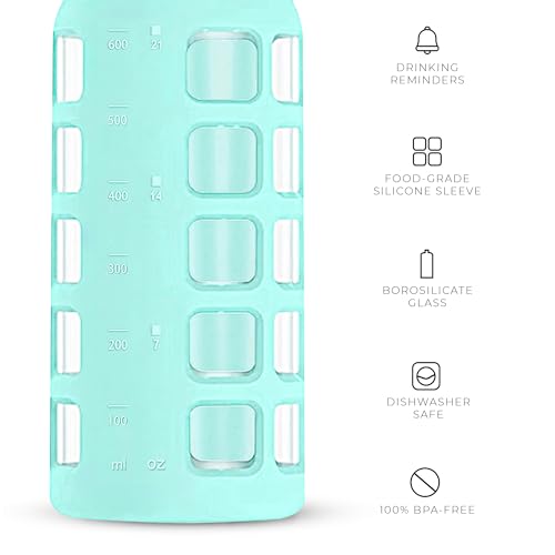 40oz / 32oz / 22oz / 12oz Borosilicate Glass Water Bottle with Time & Volume Markers, Silicone Sleeve, Stainless Steel Lid | Reusable Glass Bottle for Water & Juice (22oz Glow-in-the-Dark) (Glow-in-the-Dark (1 Count) / 22 Ounces)