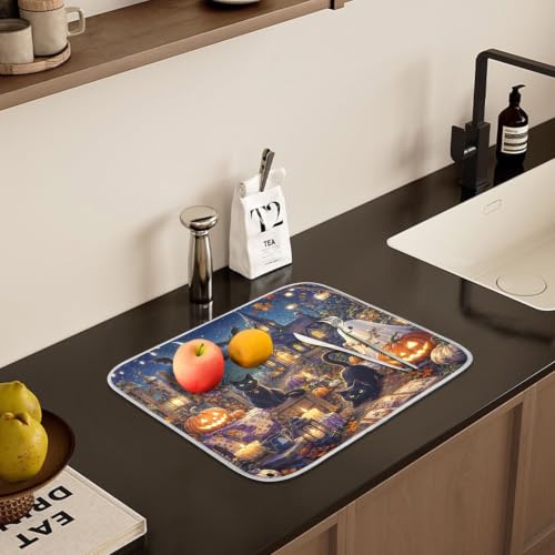 Halloween Night Scene Dish Drying Mat for Kitchen Counter Absorbent Microfiber Small Drying Pad Cats Ghost Dish Mats for Kitchen Countertops 16 x 18 Inch (Halloween Night Scene / 18" x 16")