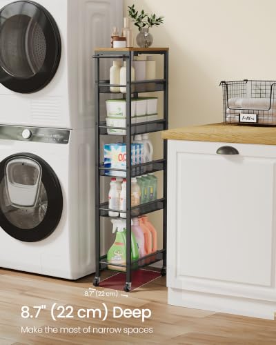 6 Tier Slim Rolling Storage cart with Wheels (Rustic Brown + Matte Black / 6 Tiers (8.7"D x 51.7"H))