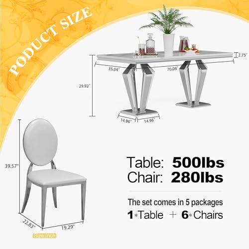 7 Piece Luxury Dining Room Set (Silver White + White / Dining Table + 6 Rund Chairs)