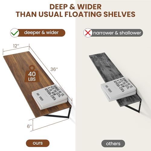 36W x 12D Deep Floating Shelves Set of 2 Walnut (Walnut With Black Metal Bracket / 36wx12dx5.8h)