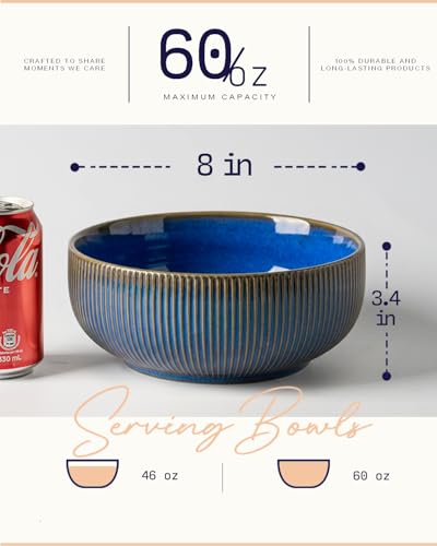 Large Serving Bowls Ceramic Salad Bowl Set of 2 (Embossed Stripes (Vintage Blue) / 8")