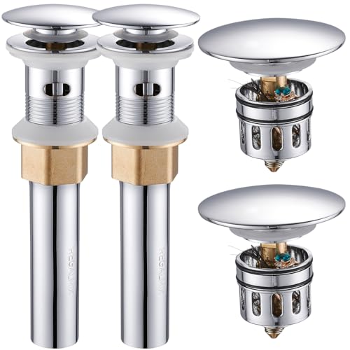 Bathroom Sink Drain with Detachable Hair Catcher Basket (With Overflow / Chrome-2 Pack)
