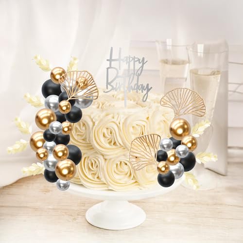 57Pcs Purple Balls Cake Topper Boho Grass Cake topper Pearl Balls Acrylic Happy Birthday Cake Decorations for Wedding Baby Shower Birthday Boho Themed Party Supplies Black Gold Silver (Black Gold Silver)