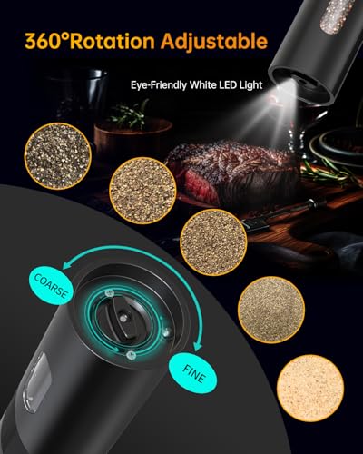 Rechargeable Electric Salt and Pepper Grinder Set Automatic Pepper Mill Grinders with Charging Base (Black)