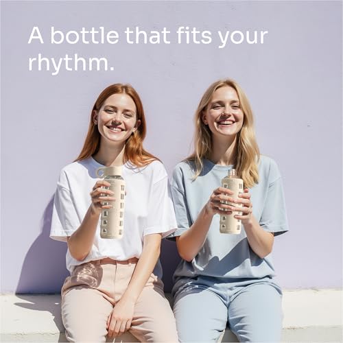 40oz / 32oz / 22oz / 12oz Borosilicate Glass Water Bottle with Time & Volume Markers, Silicone Sleeve, Stainless Steel Lid | Reusable Glass Bottle for Water & Juice (12oz Pearled Ivory) (Pearled Ivory (1 Count) / 12 Ounces)