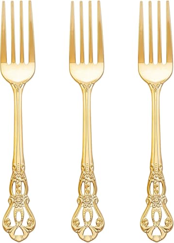 150PCS Gold Plastic Forks 8.1inch Vintage Baroque Forks for Wedding (150-Gold / Forks)