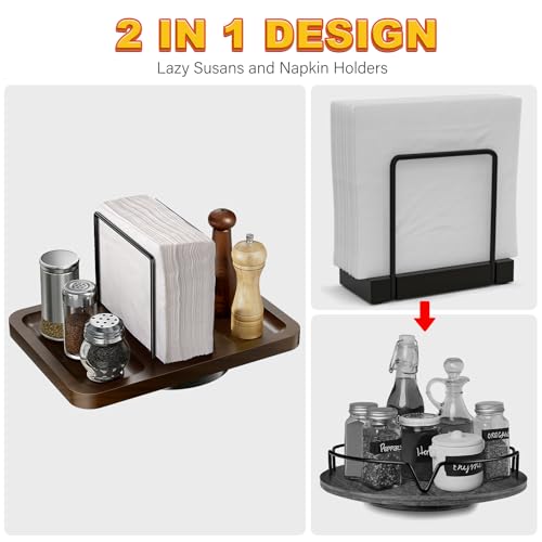 Rotating Napkin Holder for Table with Salt and Pepper Shakers Caddy (Brown)