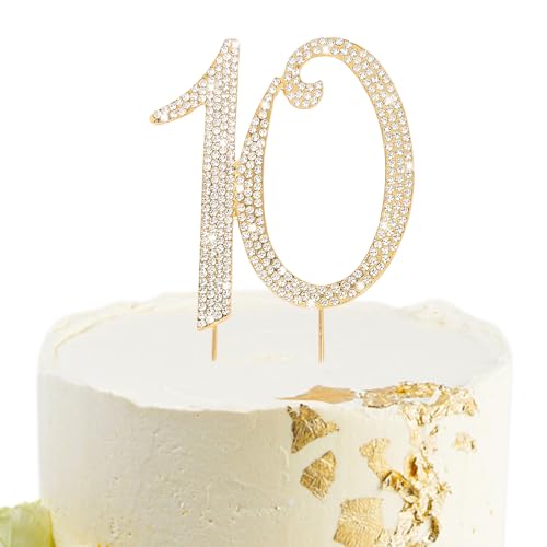 Gold 10th Birthday Cake Topper Rhinestones Cake Decorations for 10th Birthday Party (10th- Gold)