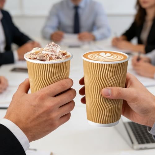 500 Pack 16oz Insulated Disposable Paper Coffee Cups Champagne (Champagne-500 / 16 oz)