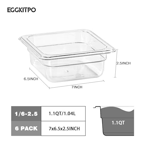 6 Pack Half Size Food Pan 2.5 Inch Deep Food Storage Container for Commercial Business Clear Stackable Polycarbonate Pans for Food Prep BPA Free Freezer (1/2 Size / 2-1/2” Deep)