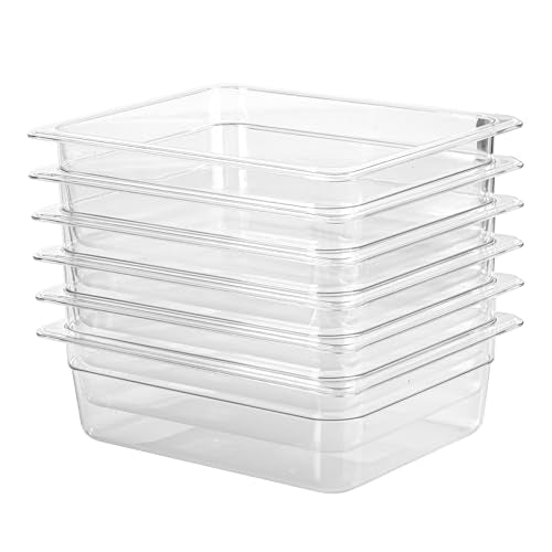 6-Pack 1/2 Size Clear Food Pan 4 Inch Deep Hotel Pan for Party and Catering BPA-free Polycarbonate Food Storage Container Stackable Freezer-safe (1/2 Size / 4" Deep)