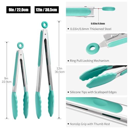 Kitchen Tongs with Silicone Tips for Cooking Serving (Set of 2 (9+12in) / Aqua Sky)