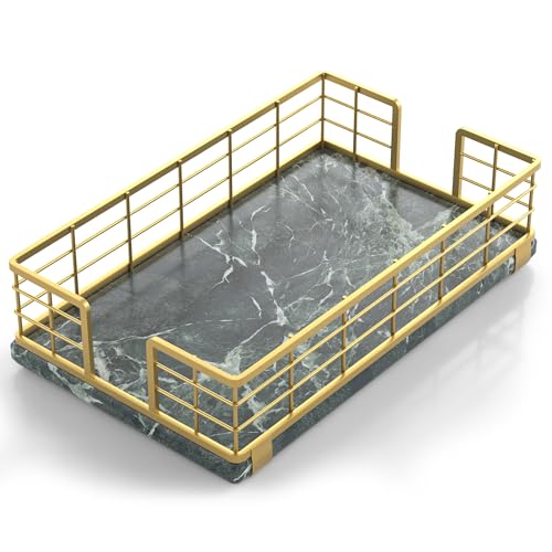 Marble Guest Towel Holder Tray for Bathroom (Gold & Green Marble / 9.06 x 5.51 x 2.56 inches)