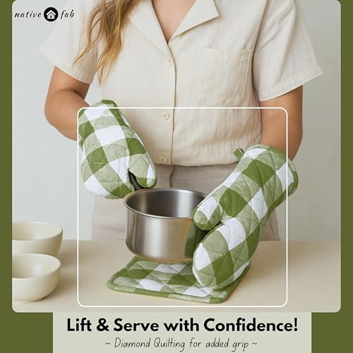 Buffalo Plaid Check Oven Mitts and Pot Holders Set of 4 (Buffalo, Mint Green)