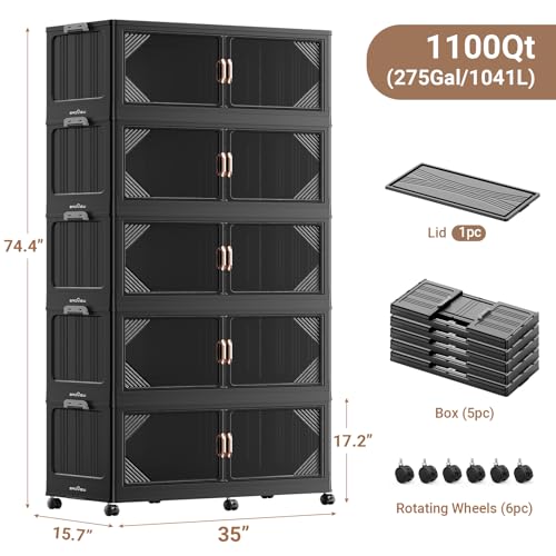 V60 1100QT Plastic Stackable Storage Bins with Lid (Black / 220QT-5Pack)