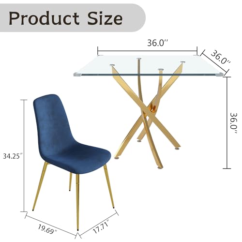 36" Square Glass Dining Table Set for 4 (Gold Square Table/Blue Velvet Chairs / 5 Pieces)