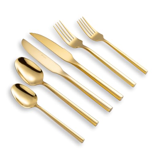 Gold Silverware Set with Steak Knives (Polished Gold with Steak Knives)