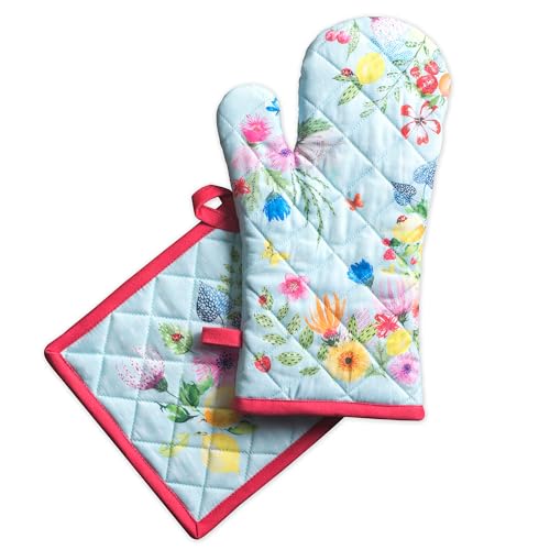 100% Cotton Oven Mitt & Pot Holder Set (093 - Jardin D'ete - Mint / 7.5" x 13" & 8" x 8" (Oven Mitt & Pot Holder))
