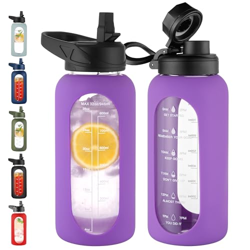 32 oz Glass Water Bottle with Straw (Lilac / 32 Ounces)