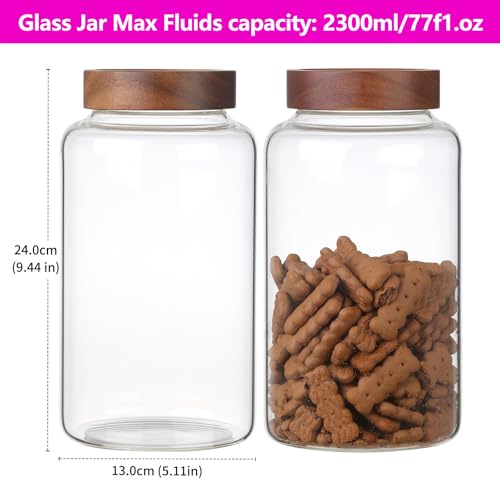 Large Glass Coffee Jars Round Storage Canister with Wooden Lid Clear Glass Food Jar for Pantry Sugar Tea Coffee Bean Spice Nuts Cookies Bath Salts (2300ml/77oz-2PACK)