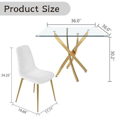 36" Square Glass Dining Table Set for 4 (Gold Square Table/White Velvet Chairs / 5 Pieces)