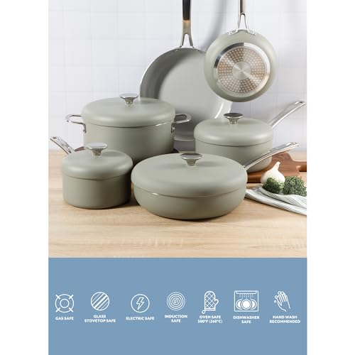 Kitchen Essentials Potluck Porch 10 Piece PFA Free Ceramic Non stick Interior Forged Aluminum Cookware Pots and Pans Set W (10-Piece Cookware Set / Green)