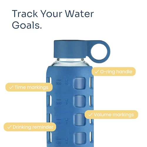 40oz / 32oz / 22oz / 12oz Borosilicate Glass Water Bottle with Time & Volume Markers, Silicone Sleeve, Stainless Steel Lid | Reusable Glass Bottle for Water & Juice (12oz Chinese Porcelain) (Chinese Porcelain (1 Count) / 12 Ounces)