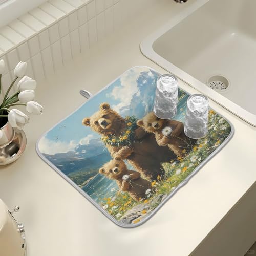 Three Bear Dish Drying Mat for Kitchen Counter Absorbent Microfiber Large Drying Pad Dandelion Wildflowers Dish Mats for Kitchen Countertops 18 x 24 Inch (24" x 18")