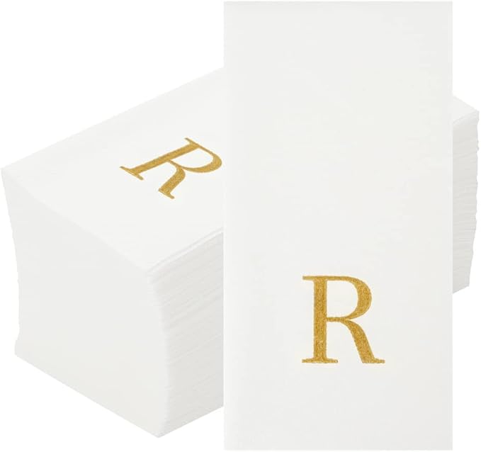 Luxenap 15.8 X 7.9 Inch Linen-Feel Guest Towels, 2000 Lettered Hand Towels - Gold Letter 'R', Sans Serif Font, White Paper Dinner Napkins, airlaid, For Restrooms And Tables