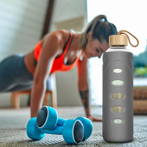 32 oz Narrow Mouth Glass Water Bottle with Windowed Silicone Sleeve (Grey)
