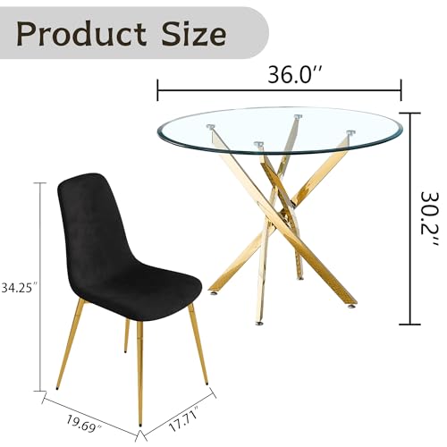 36" Round Glass Dining Table Set for 4 (Gold Round Table/Black Velvet Chairs / 5 Pieces)