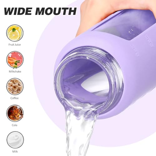 32oz Glass Water Bottle with Straw and 2 Lids (Purple / 32 Ounces)