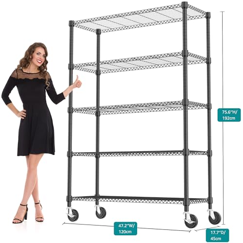 1750LBS 47.2" W 5 Tiers Storage Shelves Metal Shelving Unit with Wheels Heavy Duty Garage Shelving Adjustable Wire Shelves for Pantry (5 tier, 17.7" D x 47.2" W x 76.8" H / Black)
