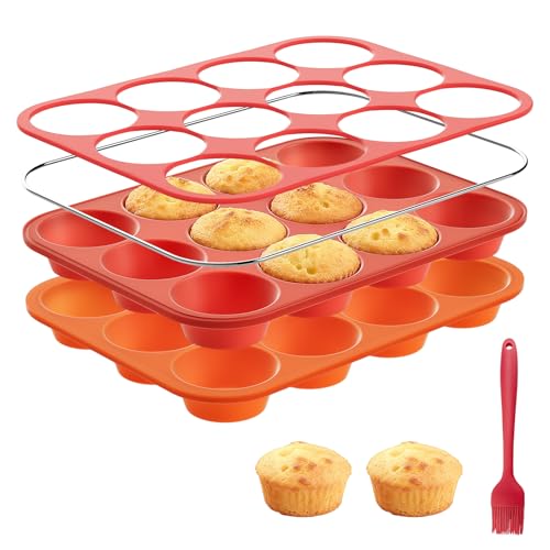 Silicone Muffin Pan with Metal Reinforced Frame (2PCS with Steel Core: Orange + Red (2.9”))