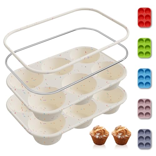 2 Pack 6 Cups Silicone Mini Muffin Pan with Metal Reinforced Frame Silicone Molds Cupcake Cake Baking Pans Cookie Baking Chocoflan Cupcake Mold Cake Molds Kitchen Baking Mom Gift Home Essentials (2pc: 6-Cup Jumbo / Cream)