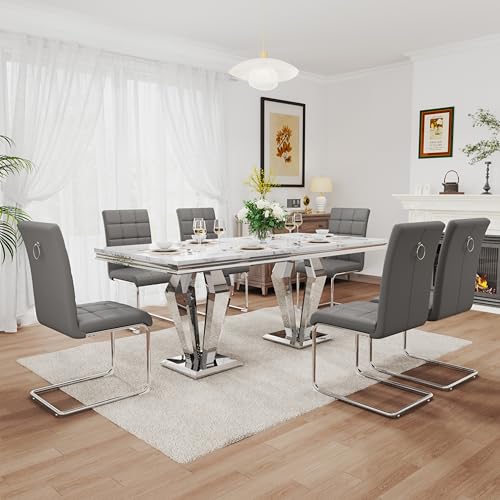 7 Piece Luxury Dining Room Set (Silver White + Grey / Dining Table + 6 U-shape Chair)