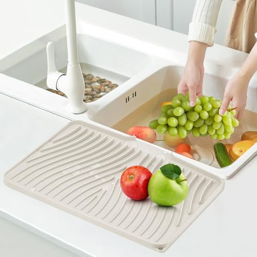 Silicone Dish Drying Mat for Kitchen Counter (Beige-2pcs / 16" x 12")