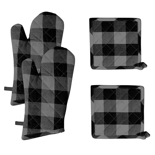 Buffalo Plaid Check Oven Mitts and Pot Holders Set of 4 (Buffalo, Light Grey & Black)