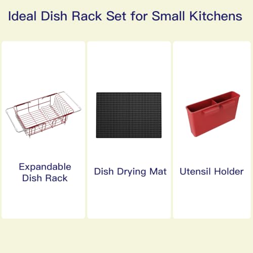 Red Expandable Dish Drying Rack Over Sink with Extra Drying Mat (Red / For 11.5"-16" W Sink with Cup Holder & Mat)