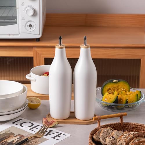 Sweejar Matte Ceramic Olive Oil Dispenser Bottles with Bamboo Tray (White & Tary / 17 Oz (Pack of 2))