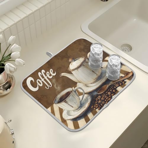 Coffee Themed Dish Drying Mat for Kitchen Counter Absorbent Microfiber Small Drying Pad Dish Mats for Kitchen Countertops 16 x 18 Inch242 (18" x 16")