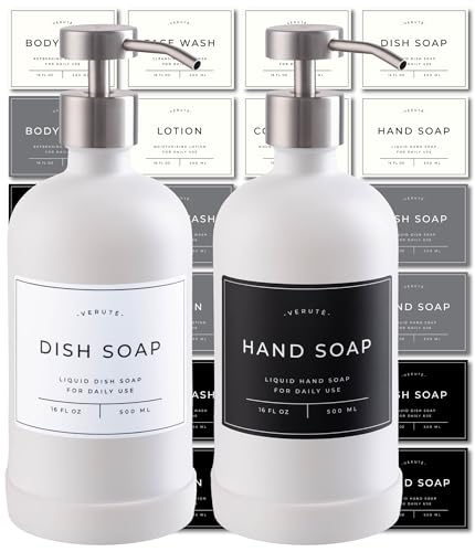 Hand and Dish Soap Dispenser for Kitchen and Bathroom (Matte White Bottle / Brushed Silver Pump)