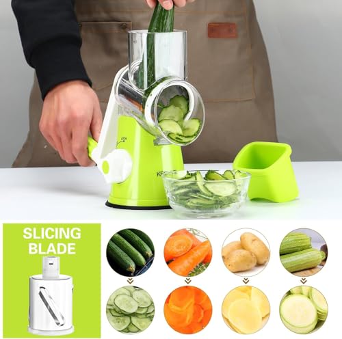 Rotary Cheese Grater Hand Crank Cheese Shredder for Fresh Cheese (3 BLADES / Green)