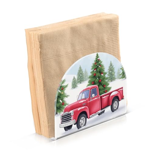 Christmas Red Truck Pine Tree Napkin Holder for Table Paper Napkins Holder Acrylic Tissue Dispenser Kitchen Dining Room Bathroom Party Car Decor (NH014 / 4.1x4.9x1.97in)